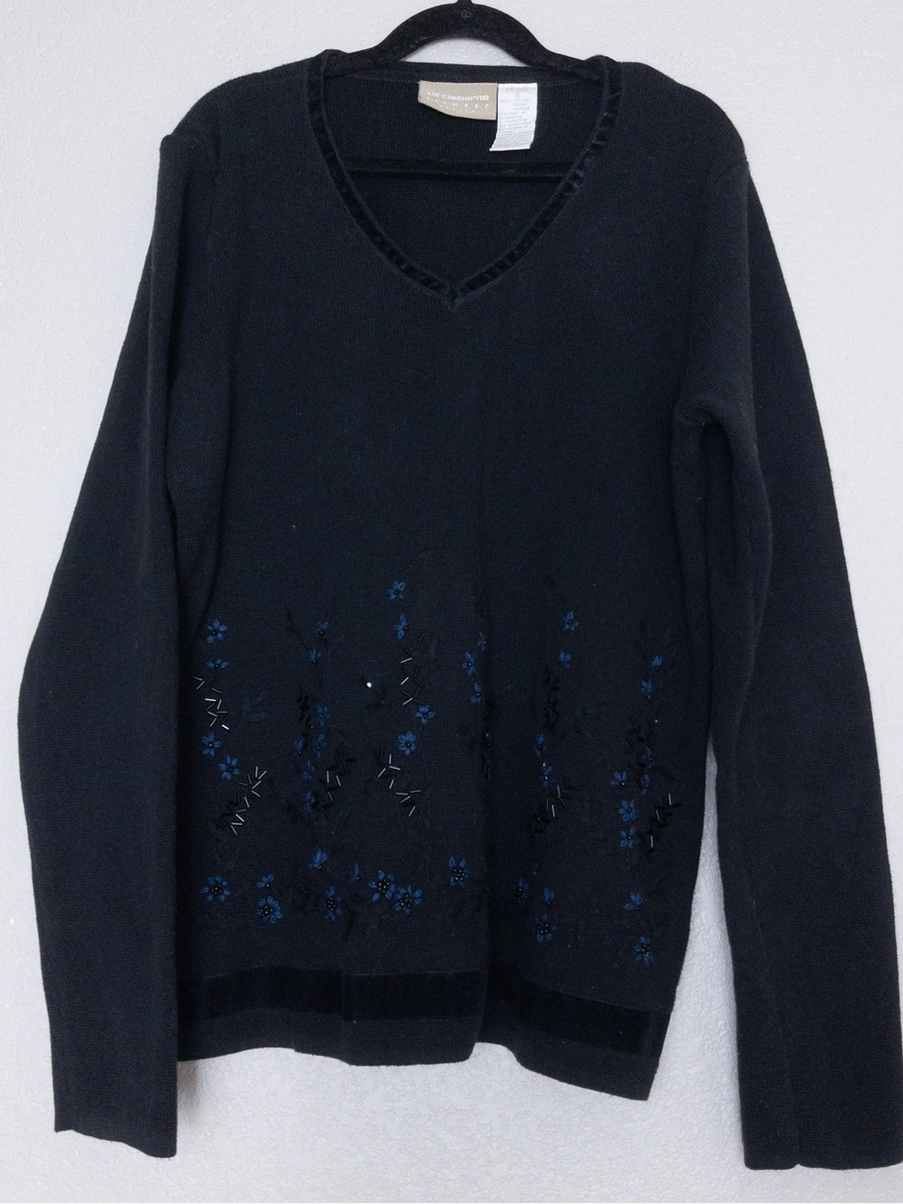 Vintage 90s Liz Claiborne Embellished VNeck Sweater S Black Cotton Beaded Floral